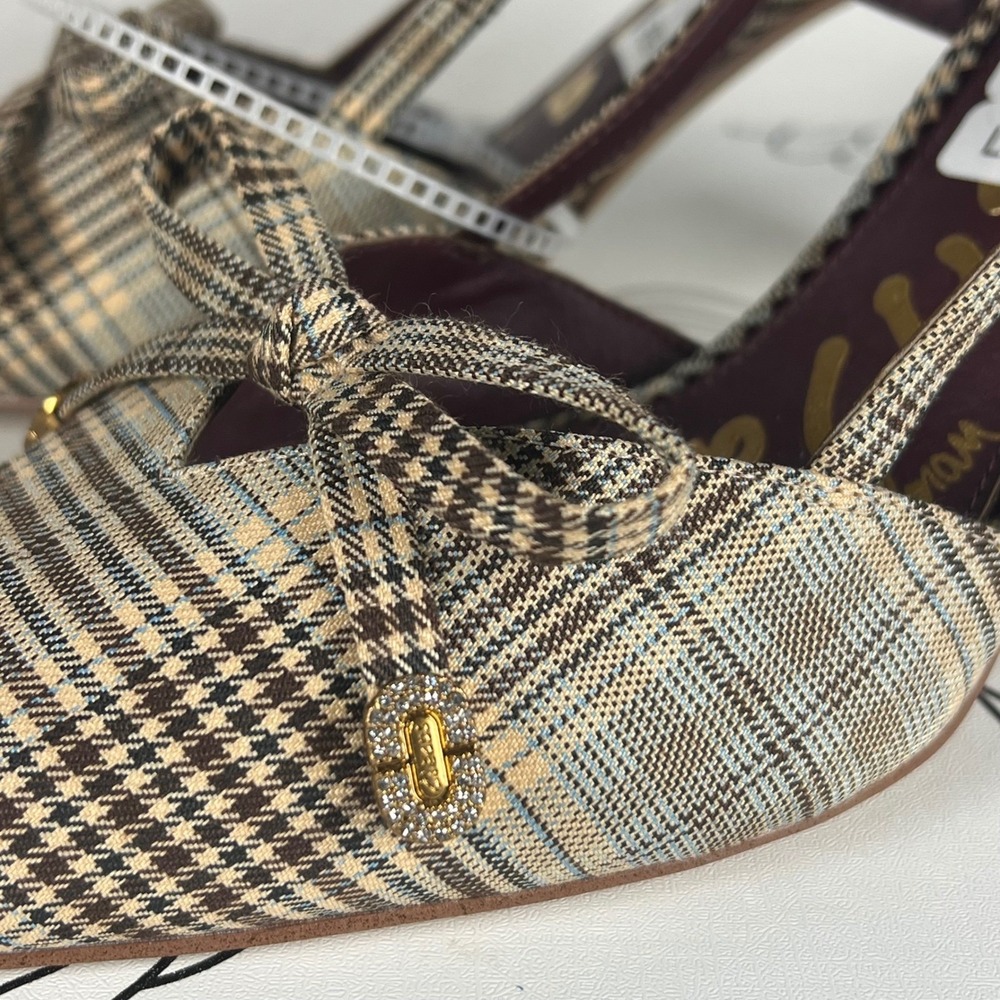 Circus by Sam Edelman Monica Plaid Slingback Pumps Kitten Heel Bow Tan Brown 10 - Picture 5 of 9